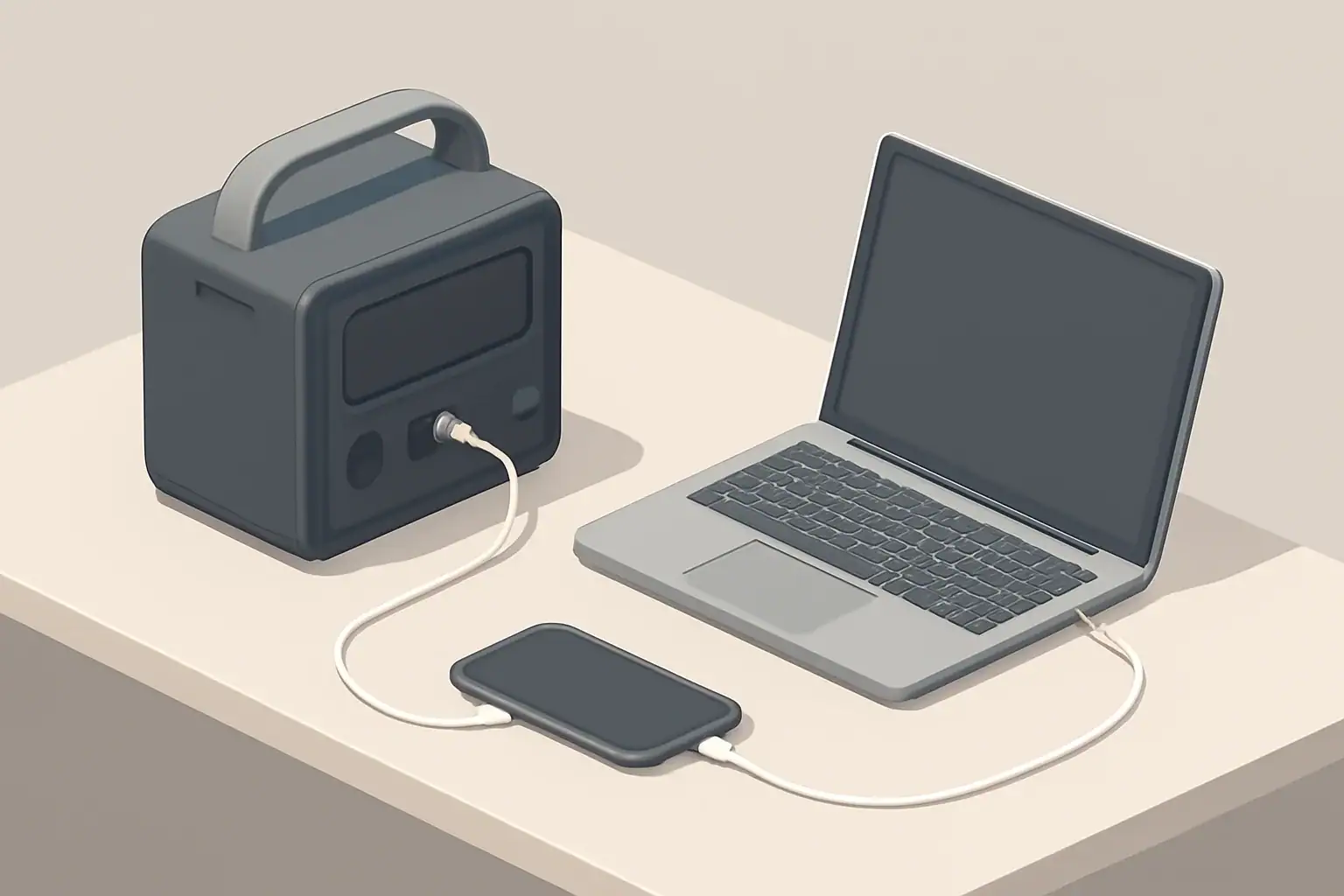 Isometric portable power station charging phone and laptop