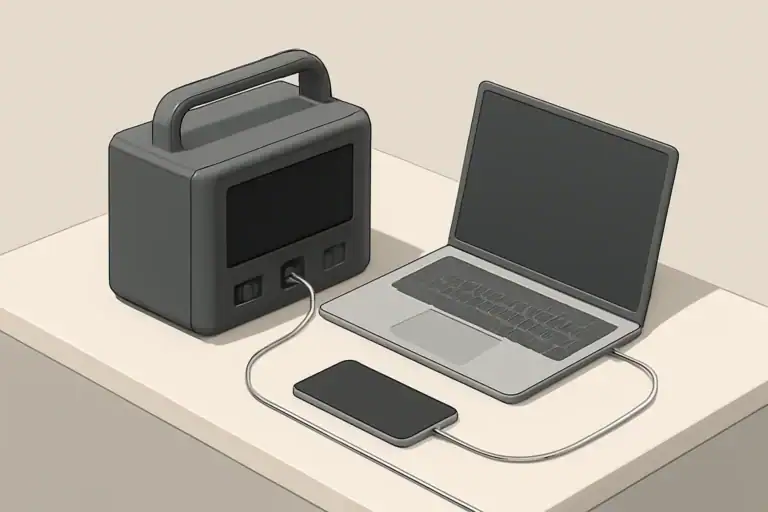 Isometric portable power station charging phone and laptop