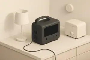 Isometric illustration of power station powering appliances