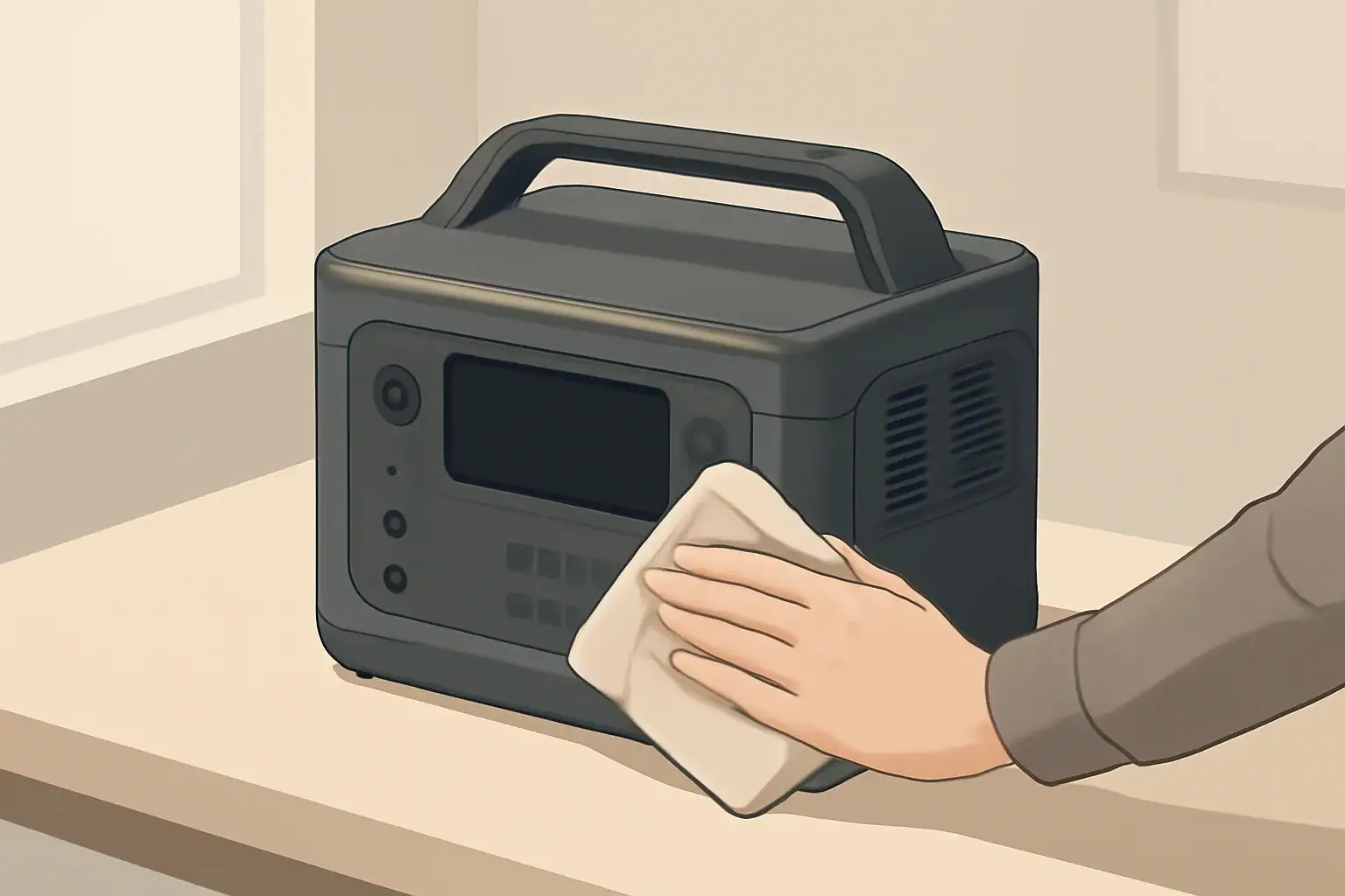 Person cleaning a portable power station on a minimal tabletop