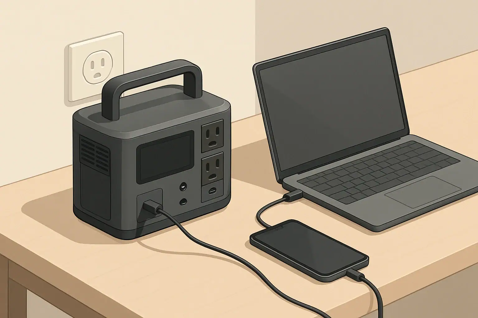 Portable power station charging laptop and phone via USB C