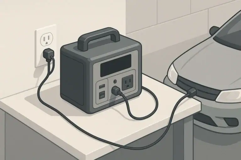 Portable power station charging from a car outlet in a garage