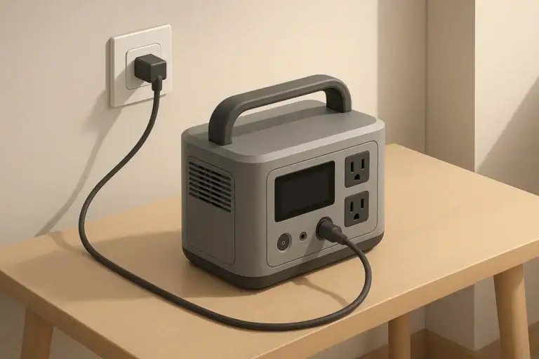 portable power station charging from a wall outlet indoors