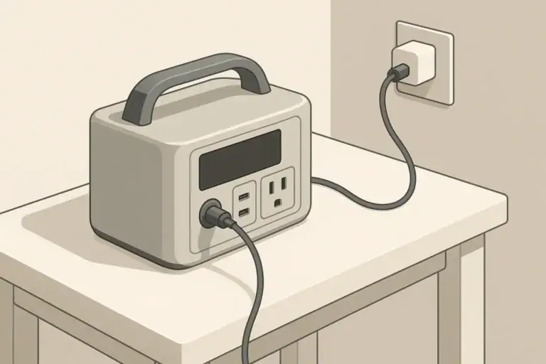 Portable power station charging from wall outlet with cable