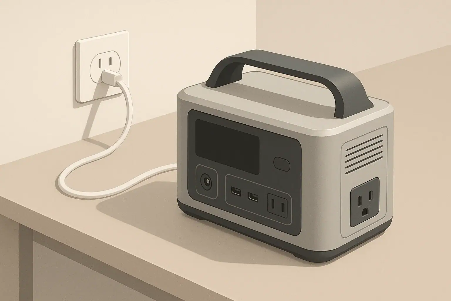 portable power station charging from a wall outlet on desk