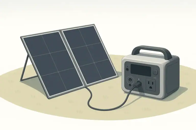 portable power station charging from solar panel outdoors