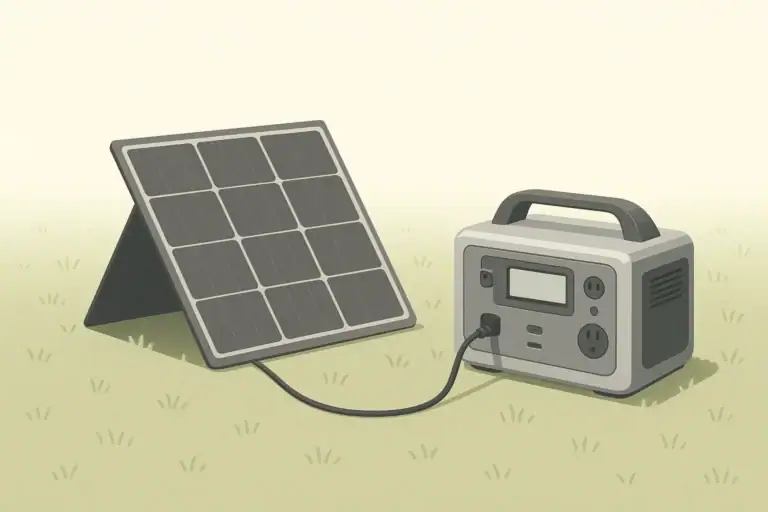 portable power station connected to solar panel outdoors