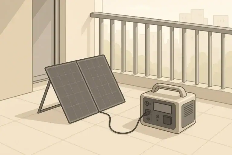 Portable power station connected to solar panel on apartment balcony