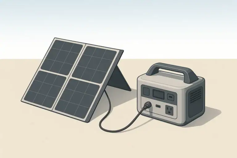 Portable power station connected to solar panel with tidy safe cabling