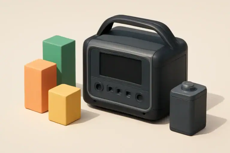 Isometric portable power station with abstract energy blocks