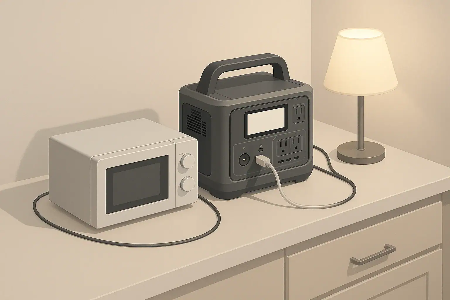Portable power station running a microwave and lamp on counter