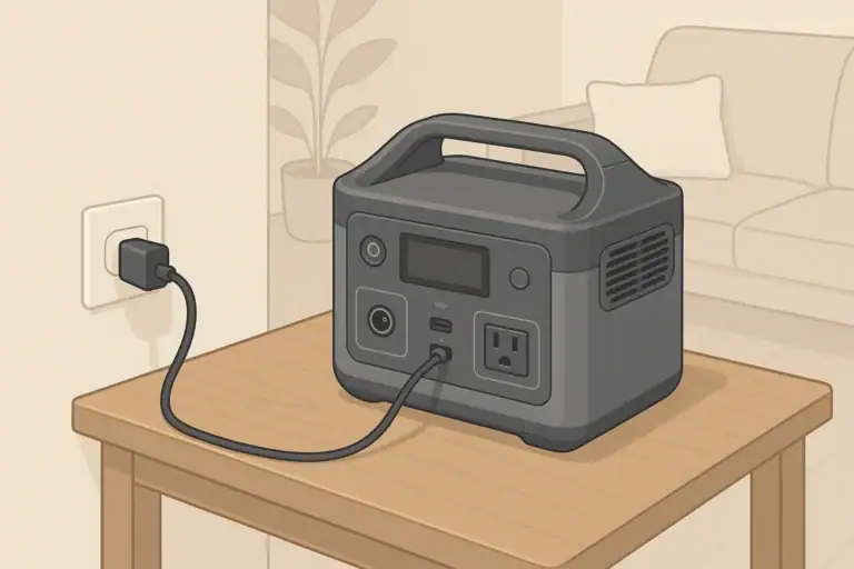 Portable power station on indoor table with tidy cables