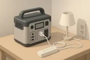 Portable power station on table with neatly managed cords