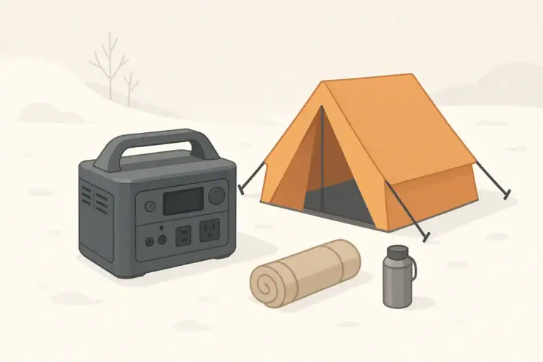 portable power station in a snowy campsite winter scene