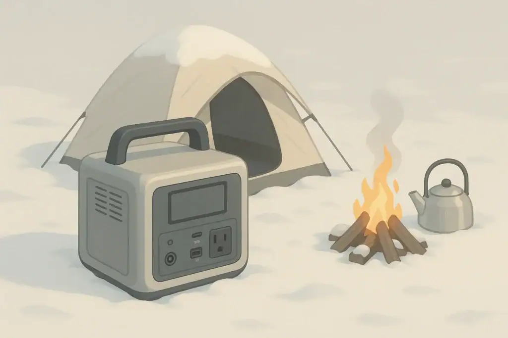 Portable power station at a snowy campsite in winter