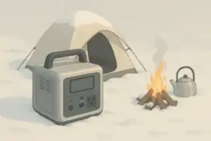 Portable power station at a snowy campsite in winter