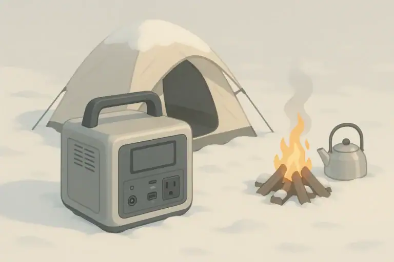 Portable power station at a snowy campsite in winter