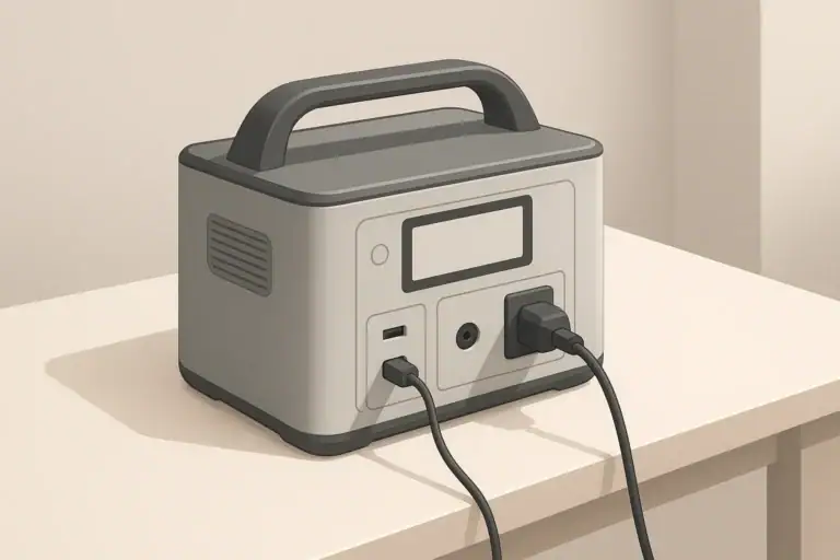 Portable power station on desk showing charging connections
