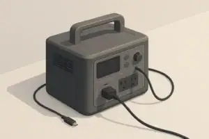 portable power station on clean surface with cables attached