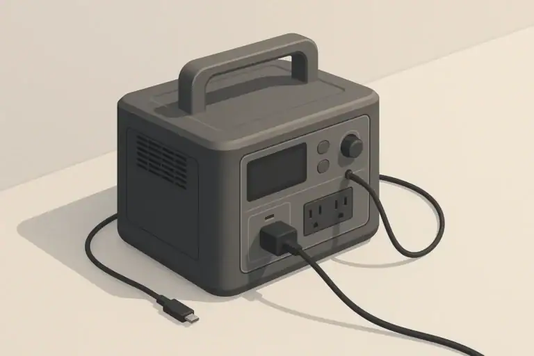 portable power station on clean surface with cables attached