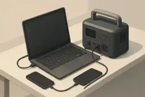 Portable power station on desk charging a laptop and phone