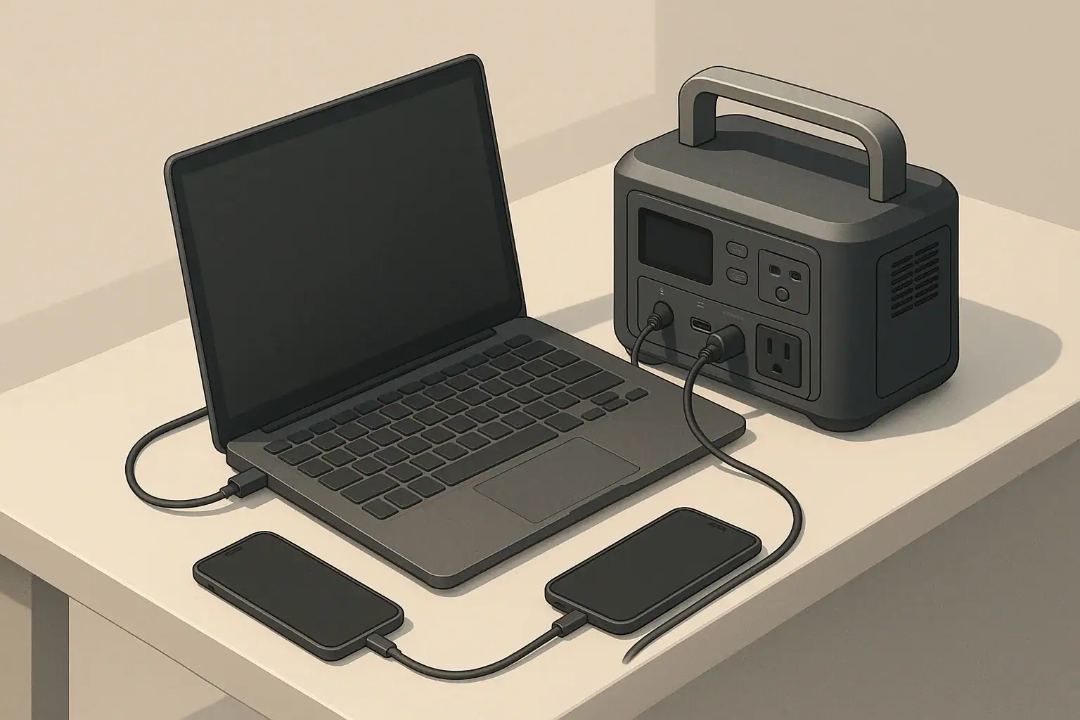 Portable power station on desk charging a laptop and phone