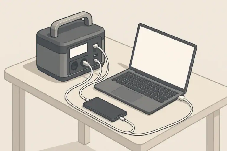 Portable power station charging a laptop and phone on desk