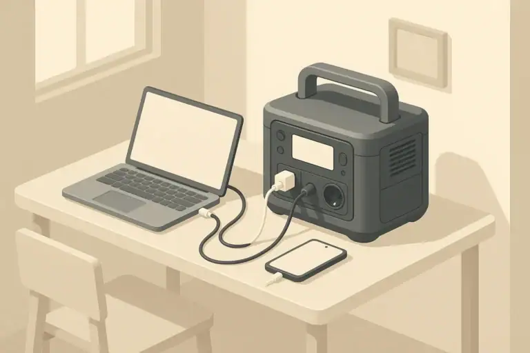 Portable power station charging laptop and phone in apartment