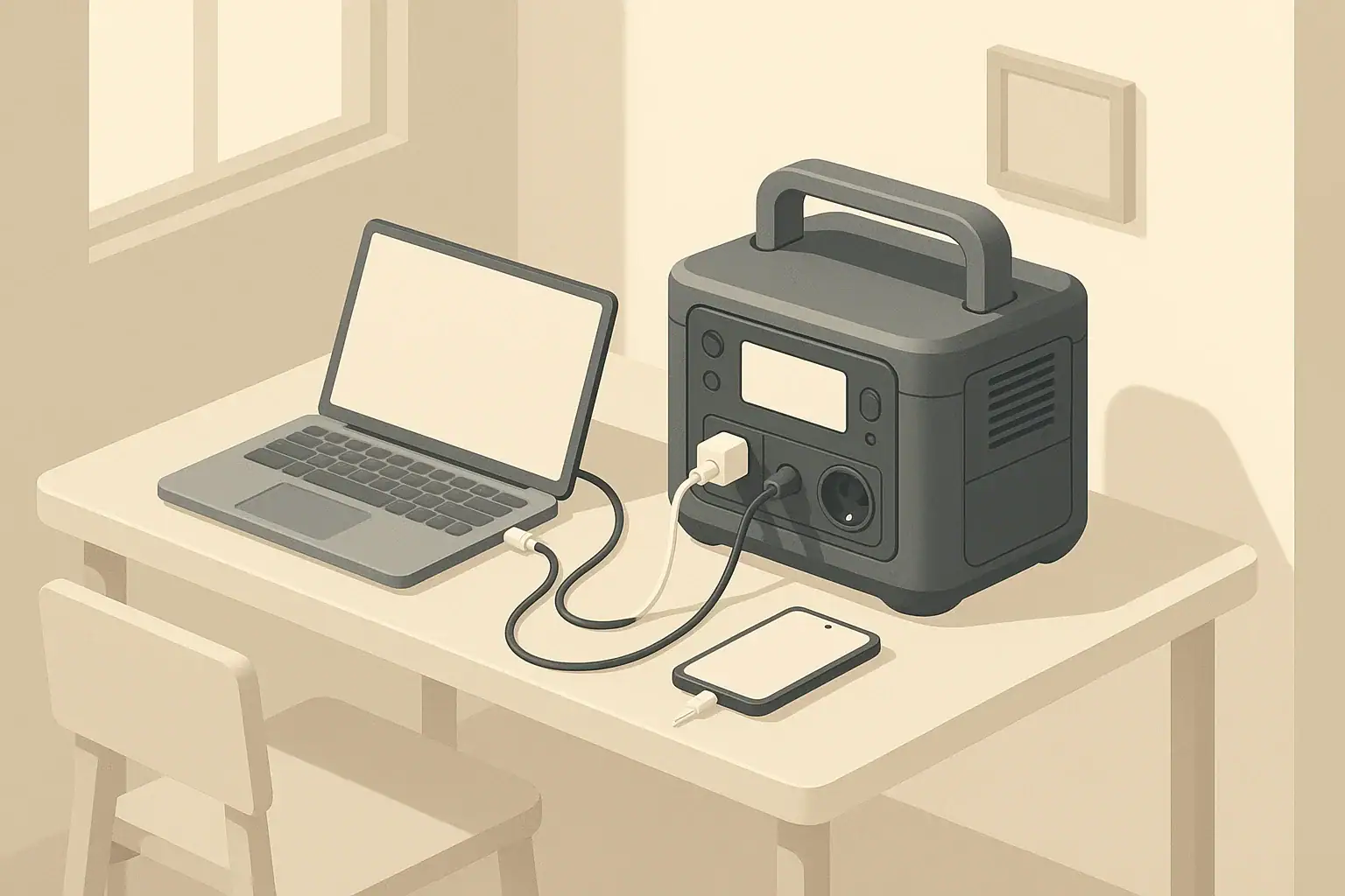 Portable power station charging laptop and phone in apartment