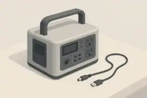 portable power station on a clean table in neutral room