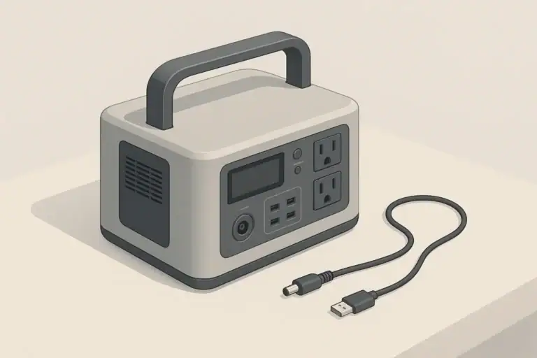 portable power station on a clean table in neutral room