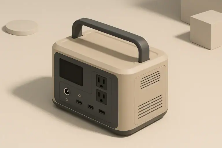 Portable power station on table showing cooling fan vents