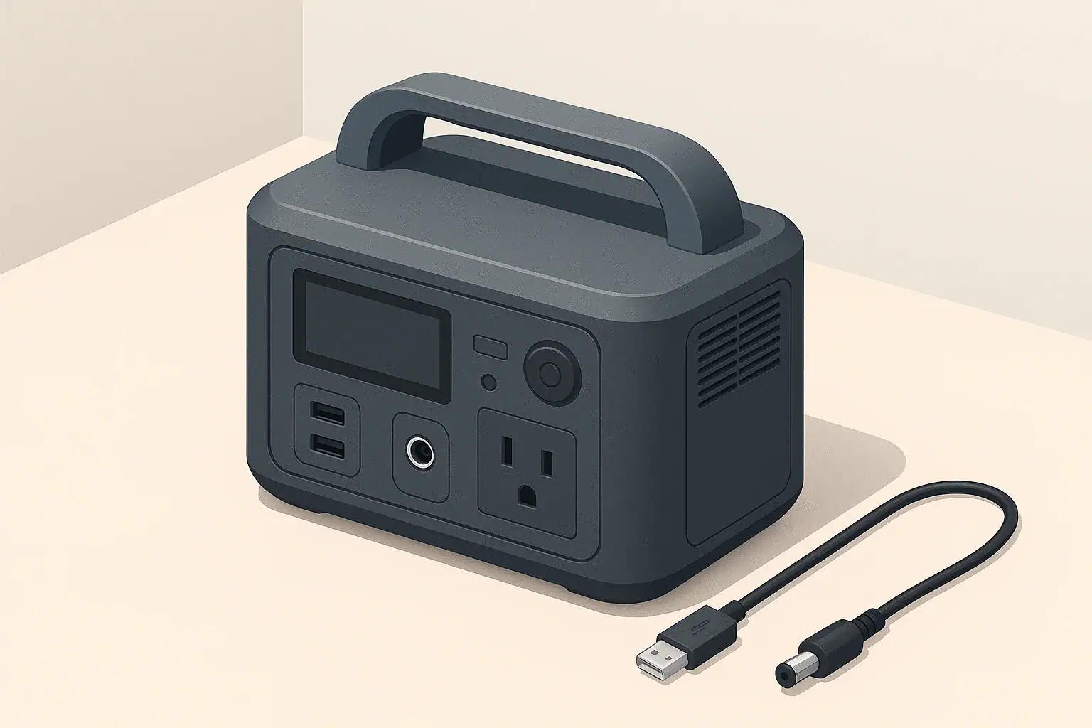 Portable power station on a table with blank display