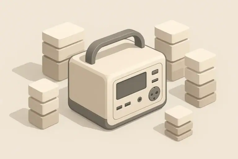 portable power station with abstract energy blocks in a clean scene