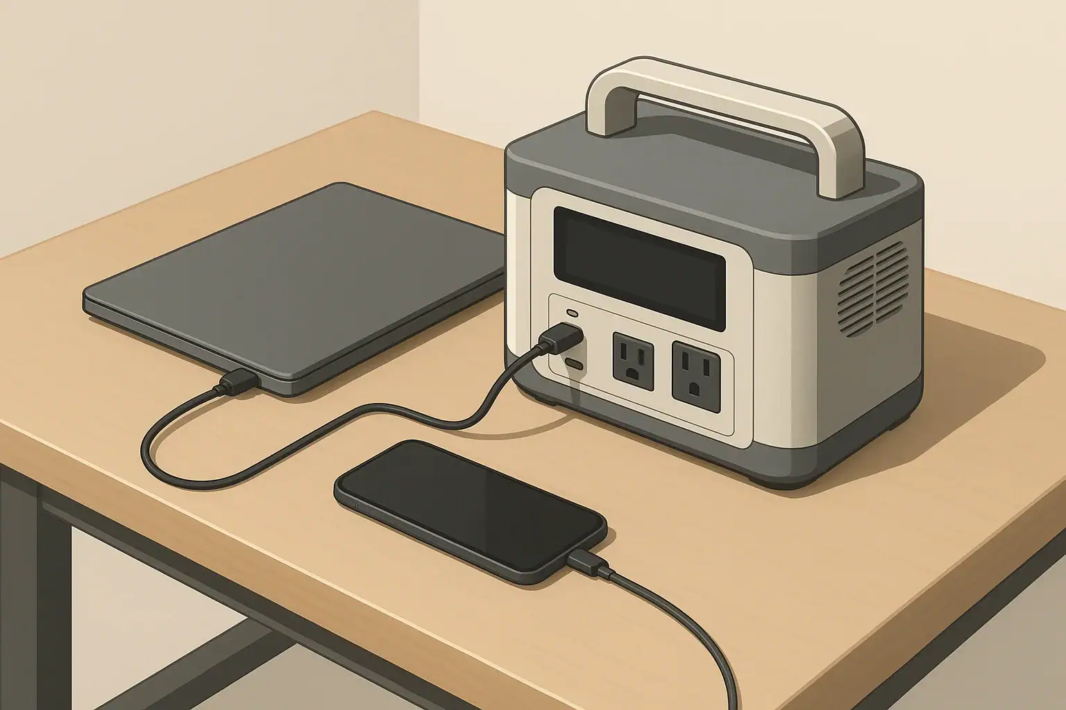 Portable power station charging laptop and phone over USB-C