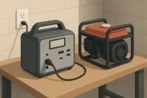 Portable power station and generator on a clean workbench