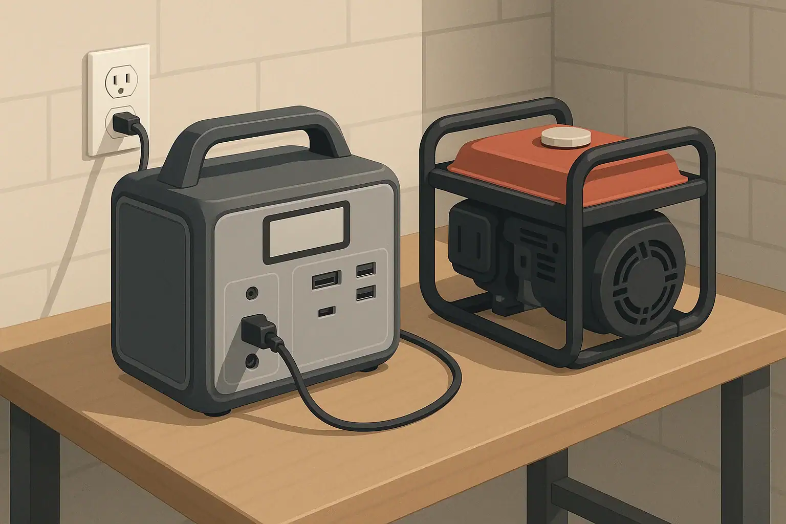 Portable power station and generator on a clean workbench