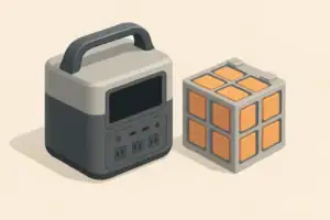 isometric portable power station beside abstract battery module