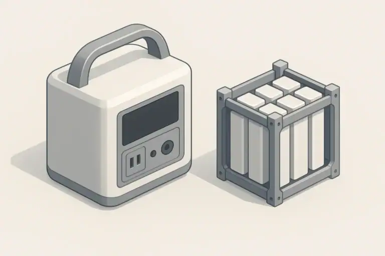 portable power station beside abstract battery modules isometric