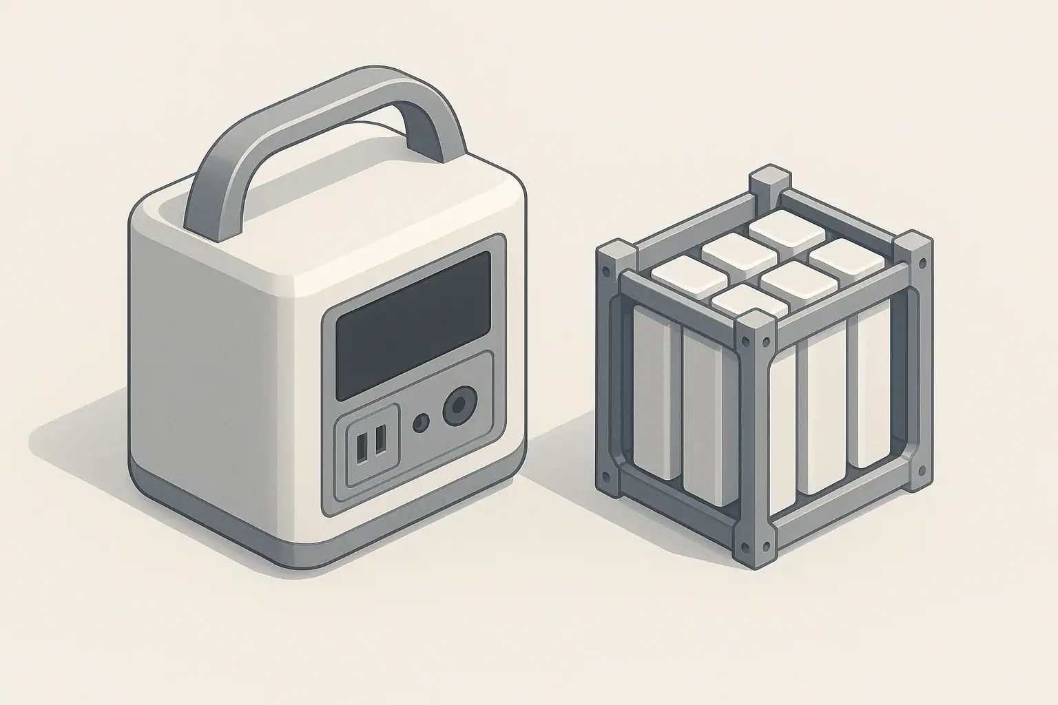 portable power station beside abstract battery modules isometric