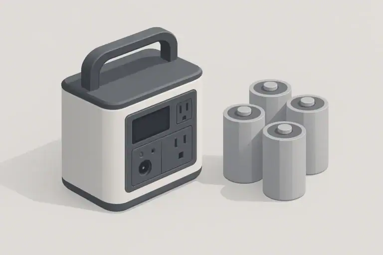 portable power station beside abstract battery cells illustration