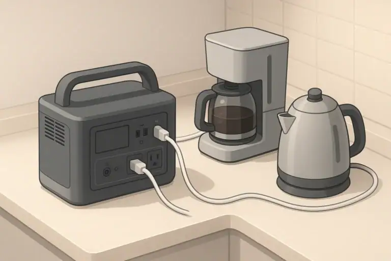 Portable power station running a coffee maker and kettle