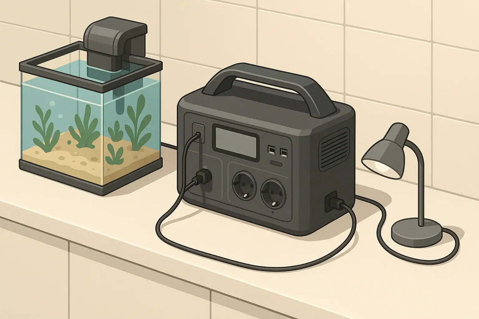 portable power station running an aquarium filter and lamp