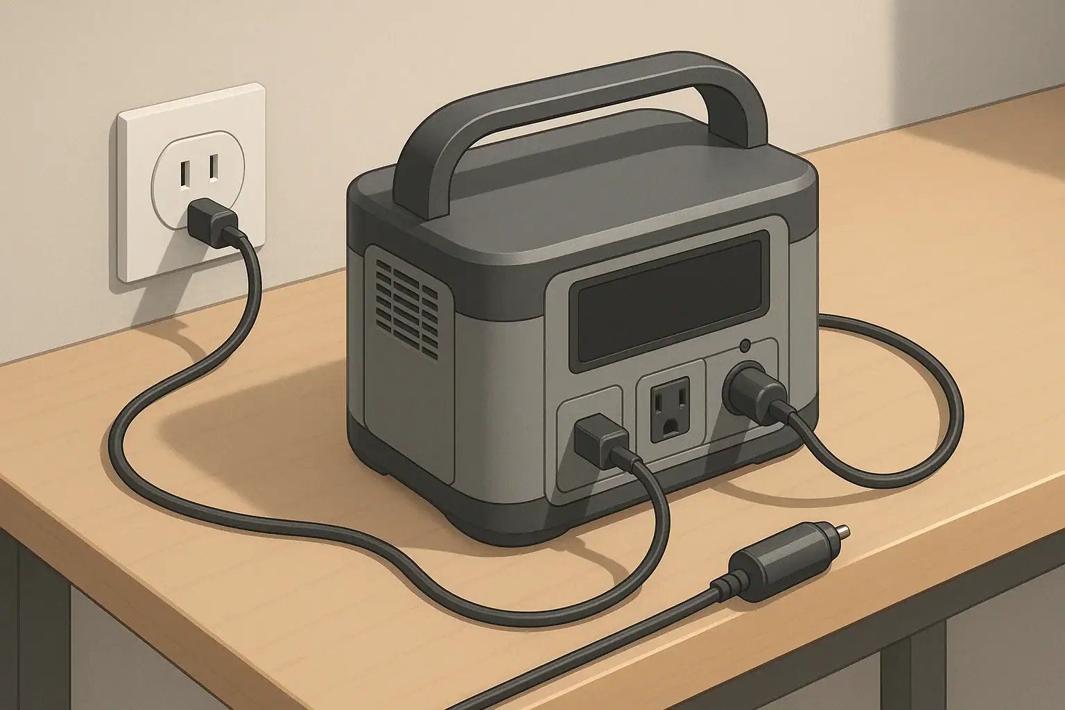 Portable power station charging from wall and car outlets