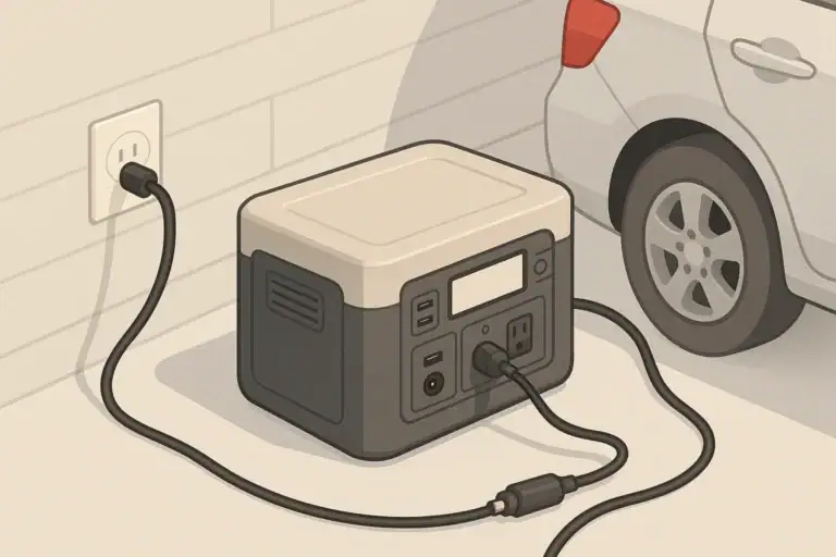 Portable power station charging from car and wall outlets