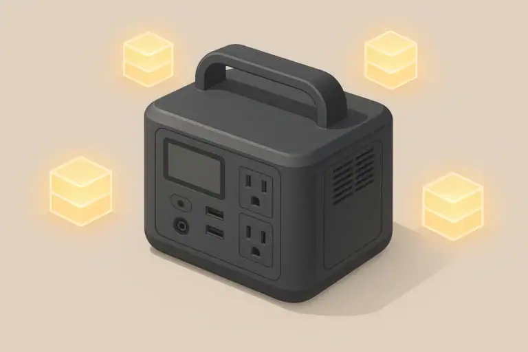 Portable power station with abstract energy blocks nearby