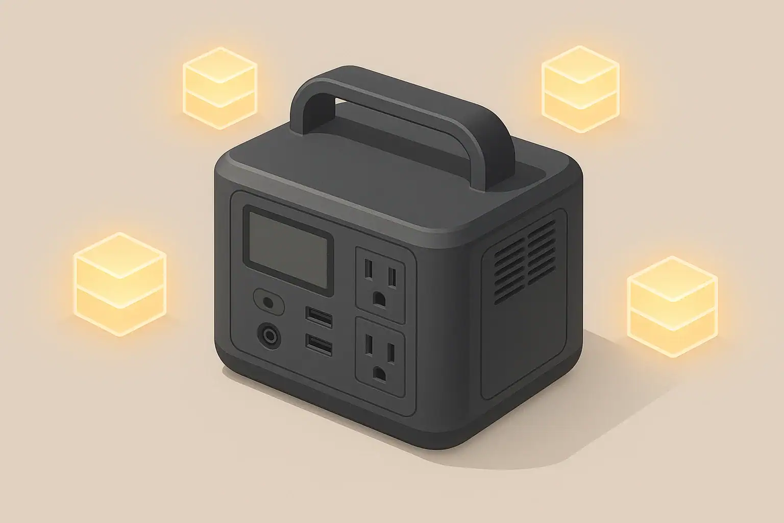 Portable power station with abstract energy blocks nearby