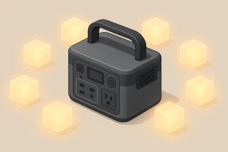 portable power station with abstract energy blocks in isometric view