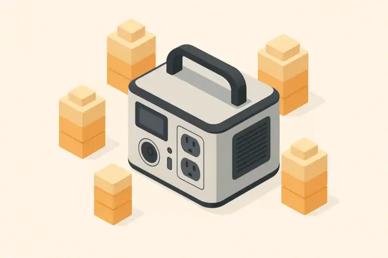 Portable power station with abstract energy blocks in minimal scene