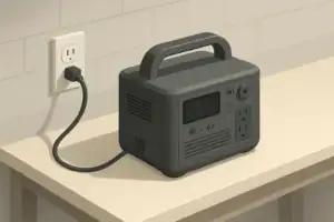 Portable power station AC charging on a clean workbench